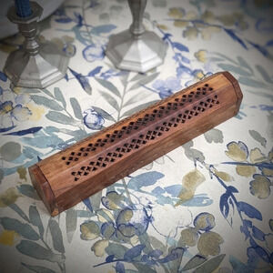 Vintage Incense burner, Indian, brass inlay, carved wood